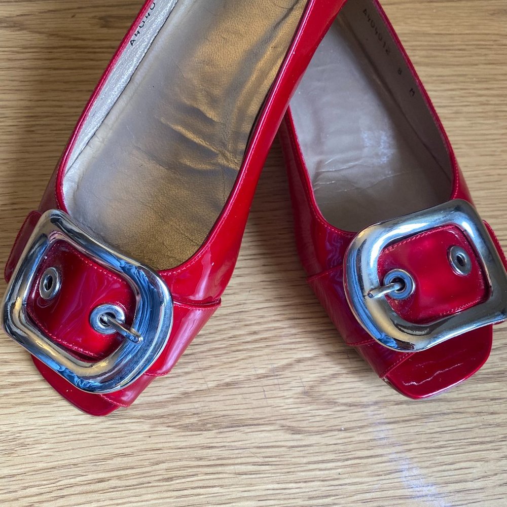 Stuart Weitzman Red Patent Peep Toe Flats